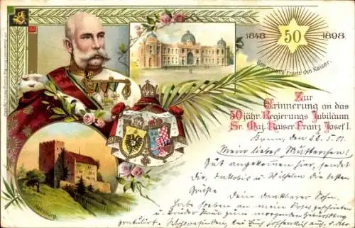 Wappen Litho Kaiser Franz Joseph I., 50 jähriges Regierungsjubiläum 1898, Habsburg