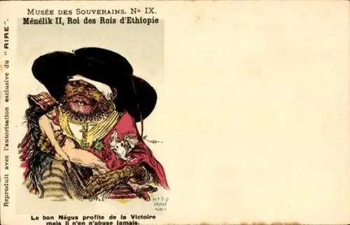 Ak Menelik II, König von Äthiopien, Karikatur, Musee des Souverains IX