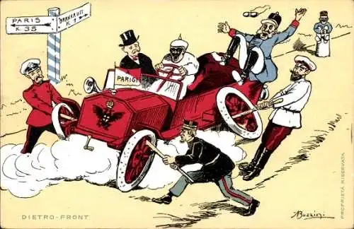 Künstler Ak Kaiser Wilhelm II. im Automobil, Zar Nikolaus II. von Russland, Kaiser Franz Joseph I.