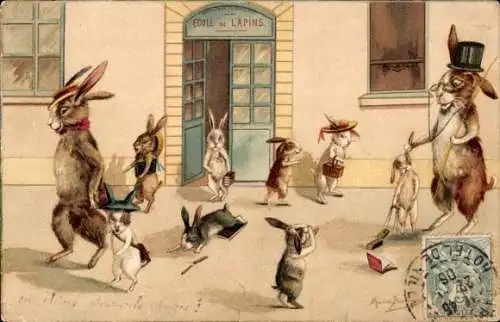 Künstler Ak Vermenschlichte Hasen vor der Schule, Lehrer