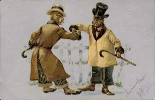 Litho Hasen als Herren mit Zylinder und Mantel, Begrüßung, Hände schütteln