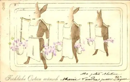 Präge Litho Glückwunsch Ostern, Hasen mit Rückentragen