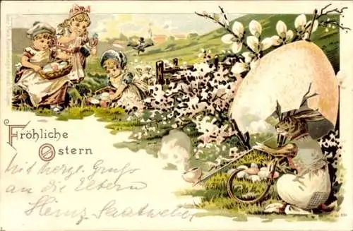 Litho Glückwunsch Ostern, Kinder suchen Ostereier, Hase raucht Pfeife