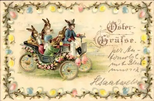 Litho Glückwunsch Ostern, Vermenschlichte Hasen in einem Automobil