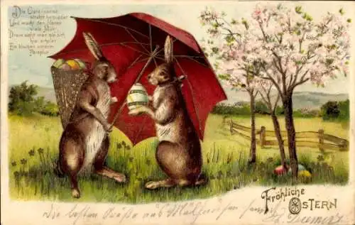 Präge Litho Glückwunsch Ostern, Vermenschlichte Hasen mit Ostereiern und Regenschirm