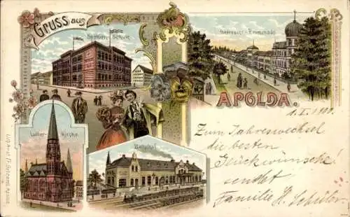 Litho Apolda in Thüringen, Lutherkirche, Sophienschule, Promenade, Bahnhof