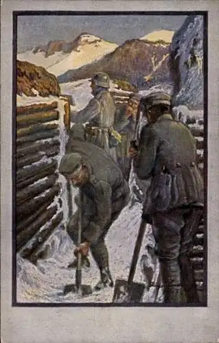 Künstler Ak Deutsches Alpenkorps, Soldaten beim Ausheben eines Schützengrabens, Alpenkrieg 1. WK