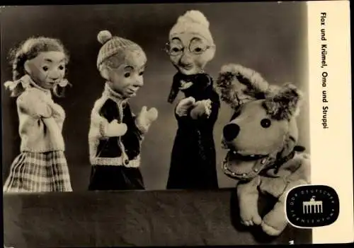 Ak Unser Sandmännchen, Flax und Krümel, Oma und Struppi, DDR Kinderfernsehen, G 6115