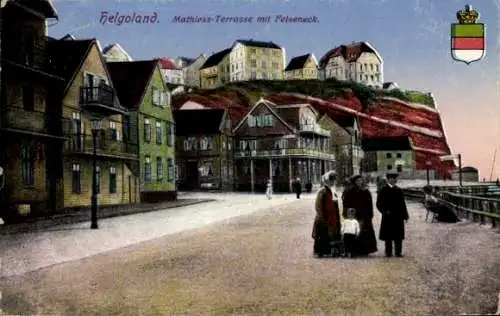 Ak Nordseeinsel Helgoland, Mathiess Terrasse mit Felseneck, Wappen