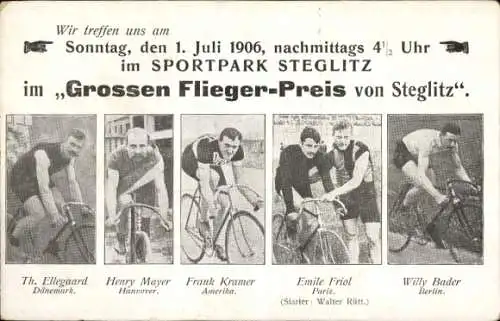 Ak Berlin Steglitz, Großer Flieger Preis 1906, Ellegaard, Mayer, Kramer, Friol, Bader, Radrennen