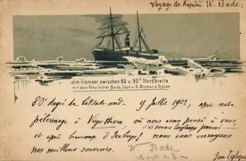 Künstler Ak Polarfahrer W. Bade, SS Oihonna im Eismeer, Spitzbergen