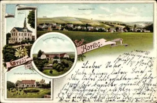 Litho Borlas Klingenberg im Erzgebirge, Schule, Erblehngericht, Gasthof, Flechsig's Sommerfrische
