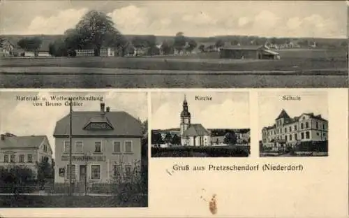 Ak Pretzschendorf Klingenberg im Erzgebirge, Niederdorf, Kirche, Schule, Geschäftshaus Bruno Geißler