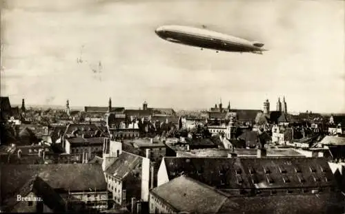 Ak Wrocław Breslau Schlesien, Zeppelin über der Stadt