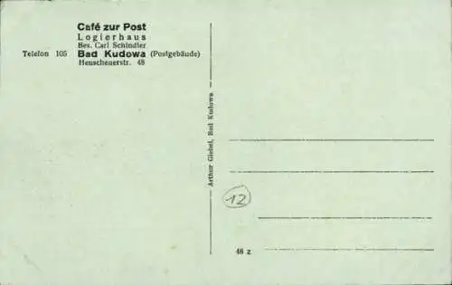 Ak Kudowa Zdrój Bad Kudowa Schlesien, Cafe zur Post, Postgebäude, Heuscheuerstraße 48