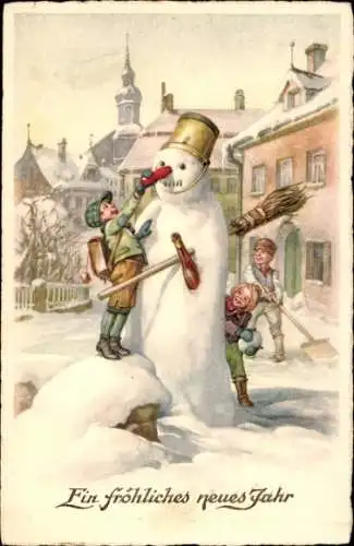 Ak Glückwunsch Neujahr, Schneemann, Kinder, Besen