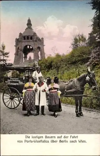 Ak Porta Westfalica in Nordrhein Westfalen, Bauern in Wesertaler Tracht, Dicker Heinrich, Kutsche