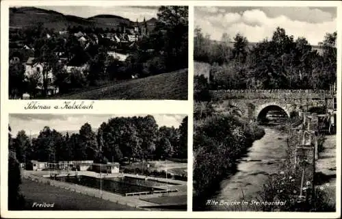 Ak Świerzawa Schönau an der Katzbach Schlesien Polen, Freibad, Alte Brücke, Steinbachtal
