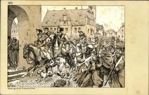 Künstler Ak Knötel, R., Flüchtlinge aus der Katzbach-Schlacht, 1813