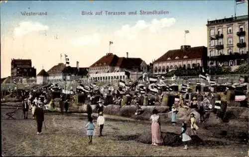 Ak Westerland auf Sylt, Terrassen, Strandhallen, Strandszene