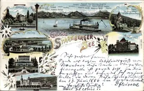 Litho Possenhofen Pöcking im Kreis Starnberg Oberbayern, Starnberg, Leoni, Schloss Berg, Dampfer