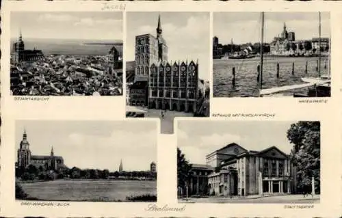 Ak Stralsund in Vorpommern, Gesamtansicht, Rathaus, Nikolaikirche, Hafen, Stadttheater