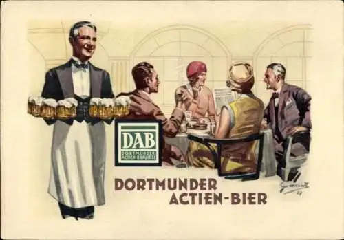 Künstler Ak Dortmunder Actien-Bier, Kellner, Gruppe im Wirtshaus, Frauen mit Zigaretten