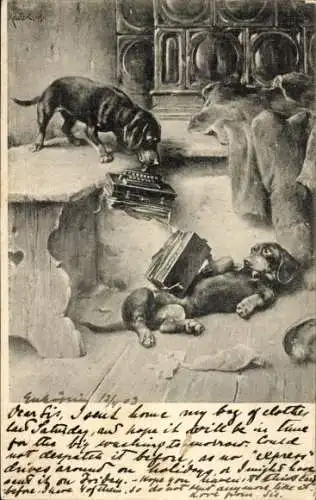 Künstler Ak Zwei Dackel, zerstörtes Akkordeon