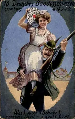 Künstler Ak Hamburg, 16. Deutsches Bundesschießen 1909, Was braucht a Schütz?, Mädel, Büchs