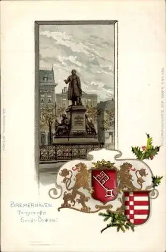 Wappen Präge Passepartout Litho Bremerhaven, Bürgermeister Schmdit Denkmal, Wappen der Stadt