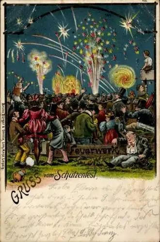 Litho Gruß vom Schützenfest, Feuerwerk