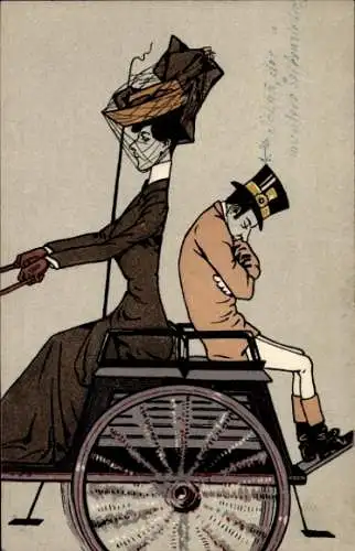 Foto Ak Emanzipation, Frau hat die Zügel übernommen, Kutscher schläft