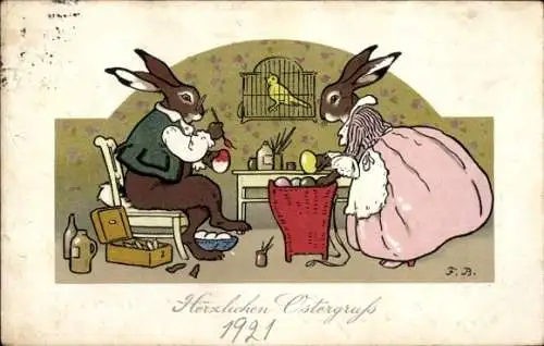 Künstler Ak Baumgarten, Fritz, Glückwunsch Ostern, Osterhasen bemalen Eier