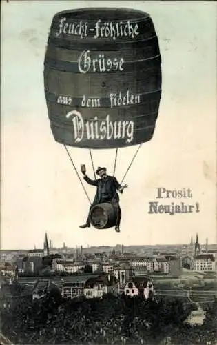 Ak Duisburg im Ruhrgebiet, Stadtansicht, Bierfass als Ballon, Fotomontage