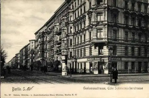 Ak Berlin Kreuzberg, Gneisenaustraße Ecke Schleiermacherstraße,  Destillation, Litfaßsäule