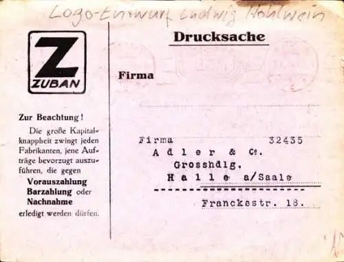 Ak Reklame, G. Zuban Zigarettenfabrik München, Preisliste, Logo-Entwurf von Ludwig Hohlwein