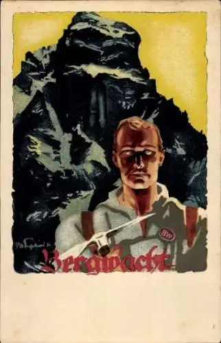 Künstler Ak Bergwacht, Mann vor einer Bergpartie