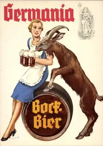 Künstler Ak Germania Bockbier, Kellnerin mit Bierkrügen, Ziegenbock, Reklame