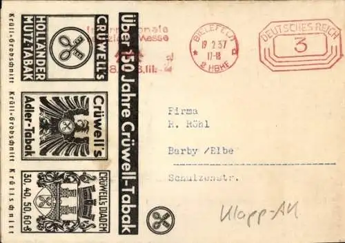 Klapp Ak Reklame, Crüwell-Tabak, Bielefeld, Preisliste