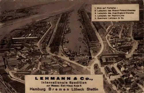 Ak Bremen, Freihafen, Ladeplätze, Speicher, Reklame, Spedition Lehmann & Co