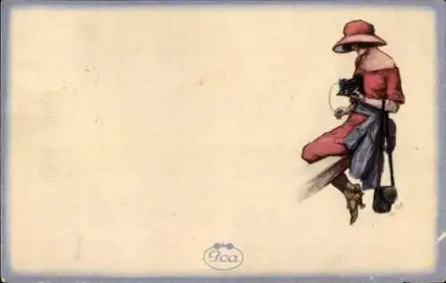 Ak Reklame, Ica Kameras, Frau mit Fotoapparat