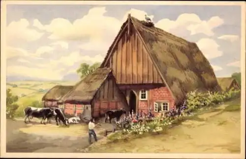 Künstler Ak Bauernhof, Bauer mit Sense, Rinder