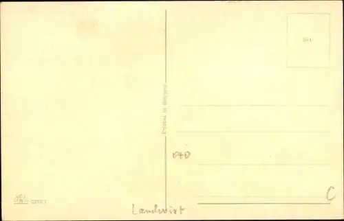 Künstler Ak Bauernhof, Bauer mit Sense, Rinder