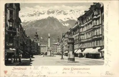Ak Innsbruck in Tirol, Maria-Theresienstraße, Geschäfte, Denkmal, Bergpanorama