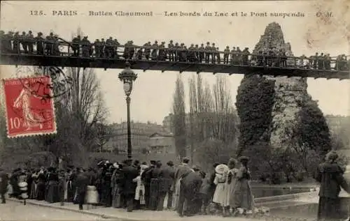 Ak Paris XIX. Buttes Chaumont, Die Ufer des Sees, Hängebrücke