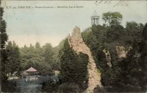Ak Paris XIX. Buttes Chaumont, Belvedere, See, Felsen