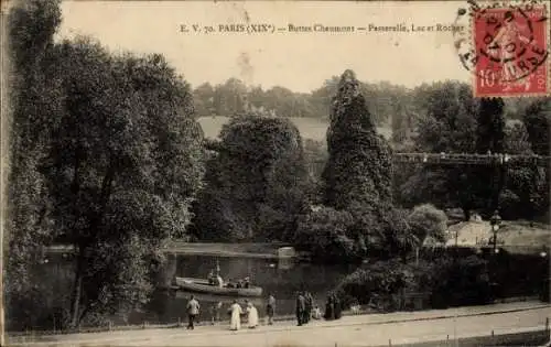 Ak Paris XIX. Buttes Chaumont, Fußgängerbrücke, See, Felsen