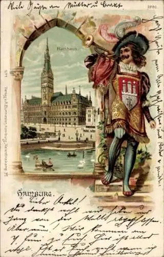 Präge Passepartout Litho Hamburg Mitte Altstadt, Rathaus, Trompeter