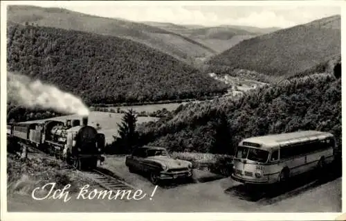 Ak Deutsche Eisenbahn, Automobil, Autobus, Ich komme