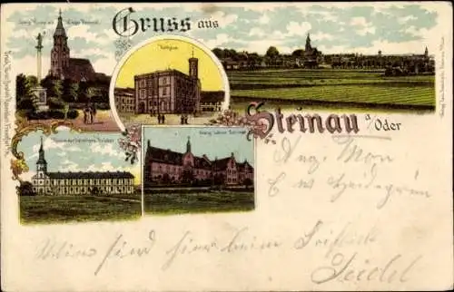 Litho Ścinawa Steinau an der Oder Schlesien, Panorama, Kirche, Rathaus, Lehrer-Seminar